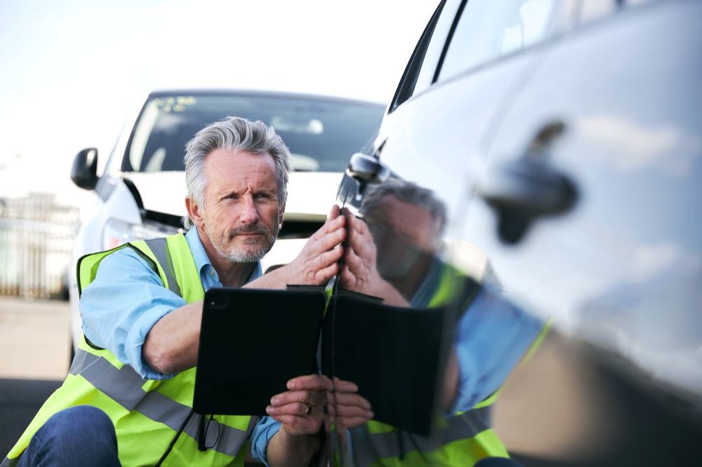 Man inspecting vehicle damage after a rideshare accident